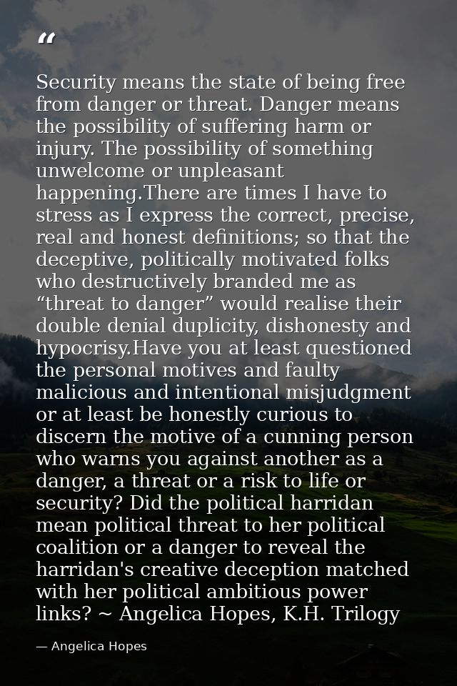 Security means the state of being free from danger or threat. Danger means the possibility of suffering harm or injury.  — Angelica Hopes