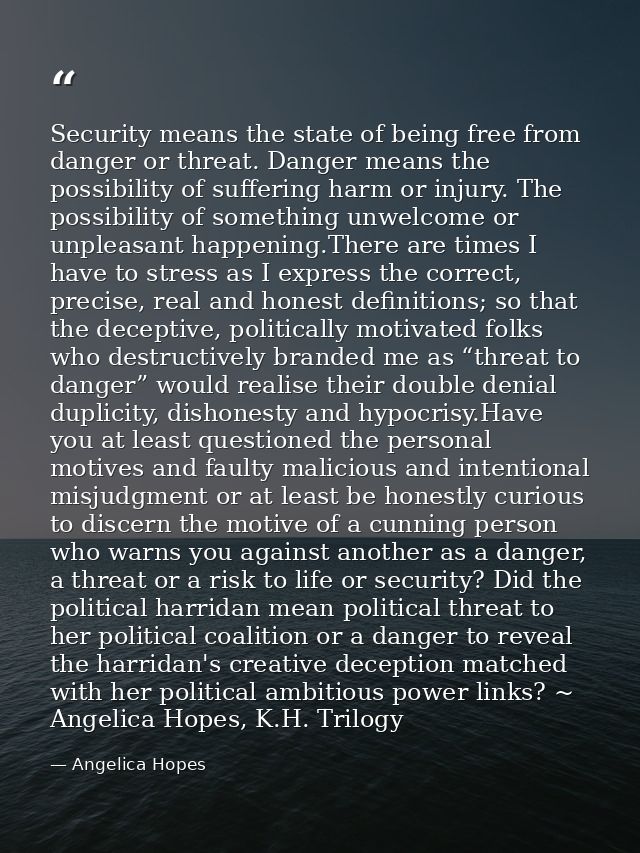 Security means the state of being free from danger or threat. Danger means the possibility of suffering harm or injury.  — Angelica Hopes