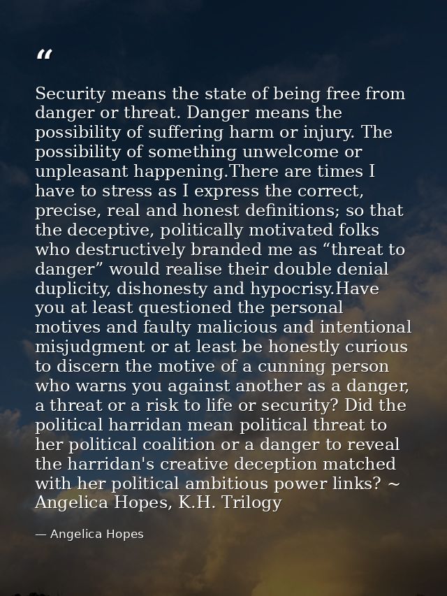 Security means the state of being free from danger or threat. Danger means the possibility of suffering harm or injury.  — Angelica Hopes
