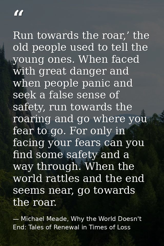 Run towards the roar,’ the old people used to tell the young ones. When faced with great danger and when people panic an — Michael Meade, Why the World Doesn't End: Tales of Renewal in Times of Loss