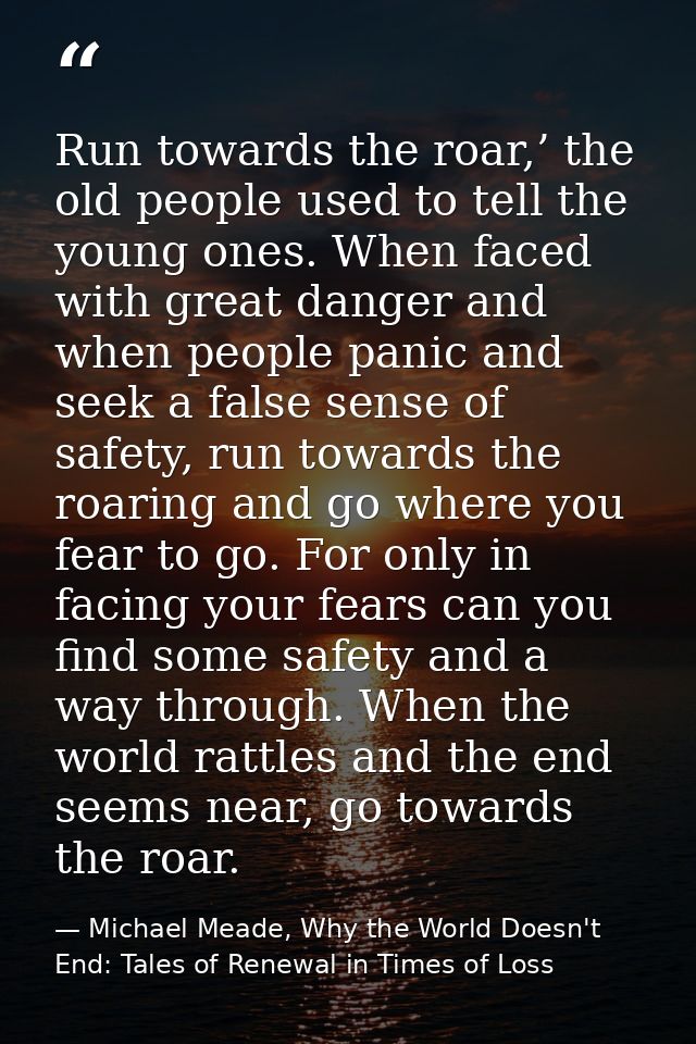 Run towards the roar,’ the old people used to tell the young ones. When faced with great danger and when people panic an — Michael Meade, Why the World Doesn't End: Tales of Renewal in Times of Loss
