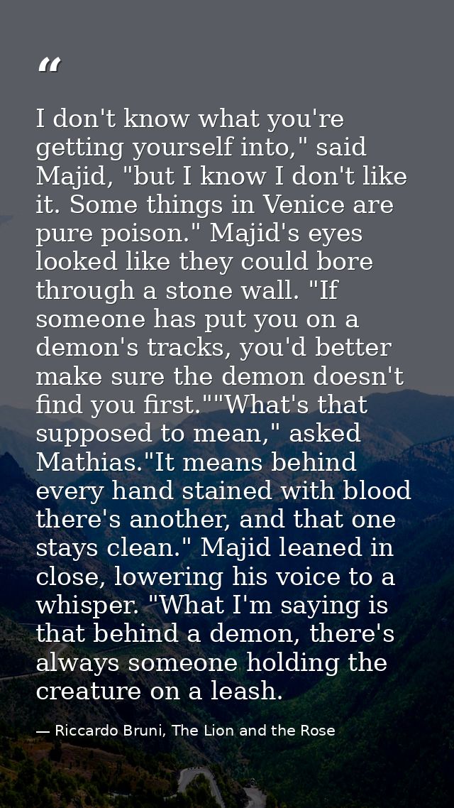 I don't know what you're getting yourself into," said Majid, "but I know I don't like it. Some things in Venice are pure — Riccardo Bruni, The Lion and the Rose