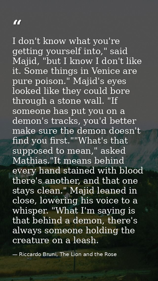 I don't know what you're getting yourself into," said Majid, "but I know I don't like it. Some things in Venice are pure — Riccardo Bruni, The Lion and the Rose