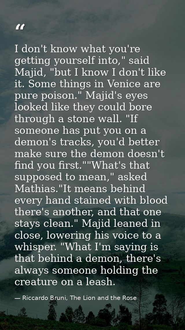I don't know what you're getting yourself into," said Majid, "but I know I don't like it. Some things in Venice are pure — Riccardo Bruni, The Lion and the Rose