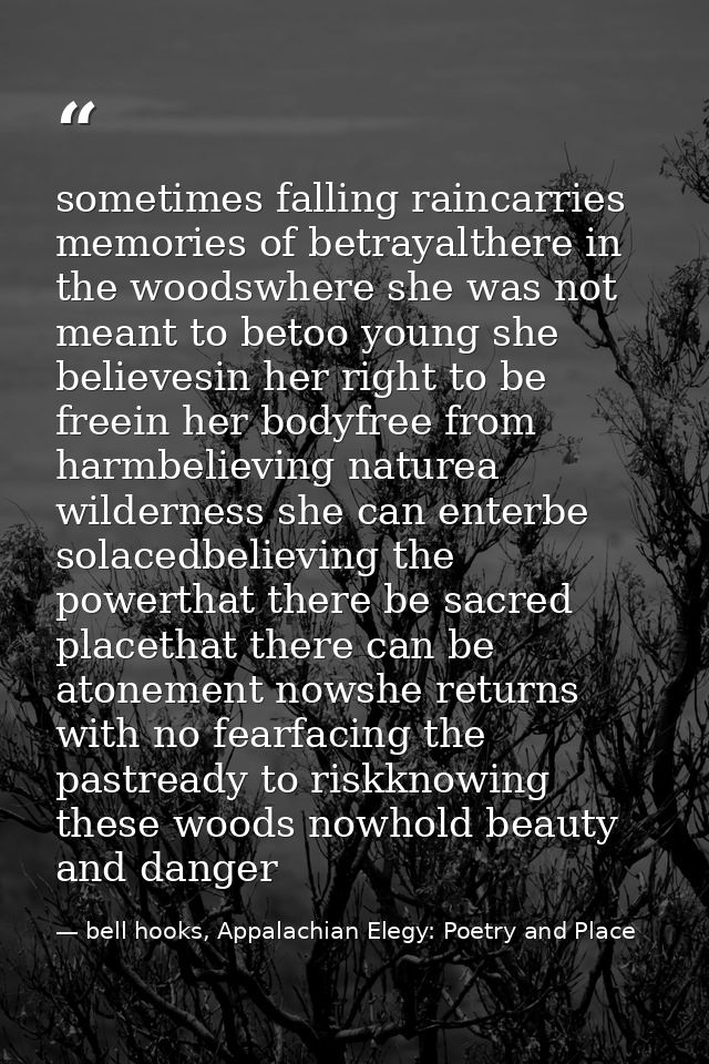 sometimes falling raincarries memories of betrayalthere in the woodswhere she was not meant to betoo young she believesi — bell hooks, Appalachian Elegy: Poetry and Place