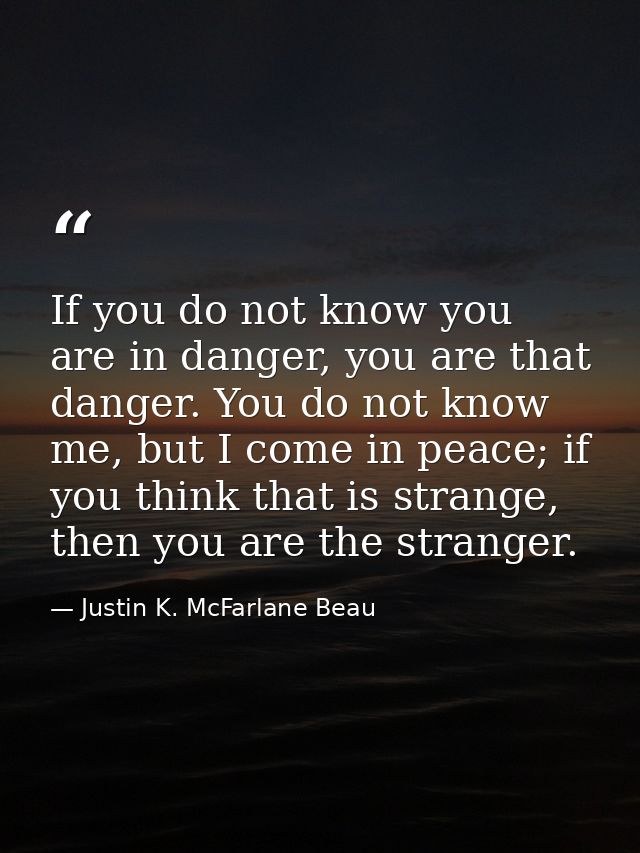 If you do not know you are in danger, you are that danger. You do not know me, but I come in peace; if you think that is — Justin K. McFarlane Beau