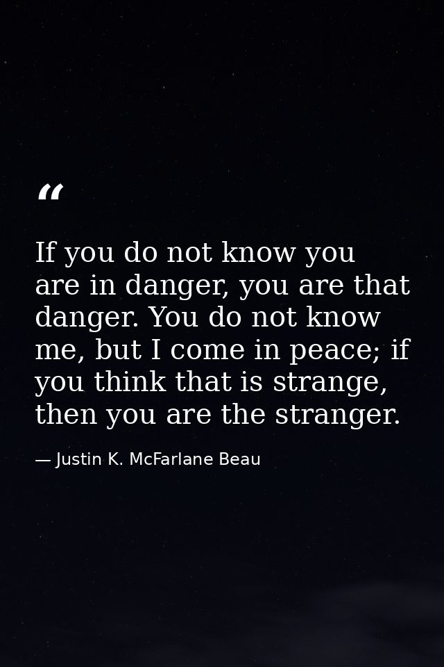 If you do not know you are in danger, you are that danger. You do not know me, but I come in peace; if you think that is — Justin K. McFarlane Beau