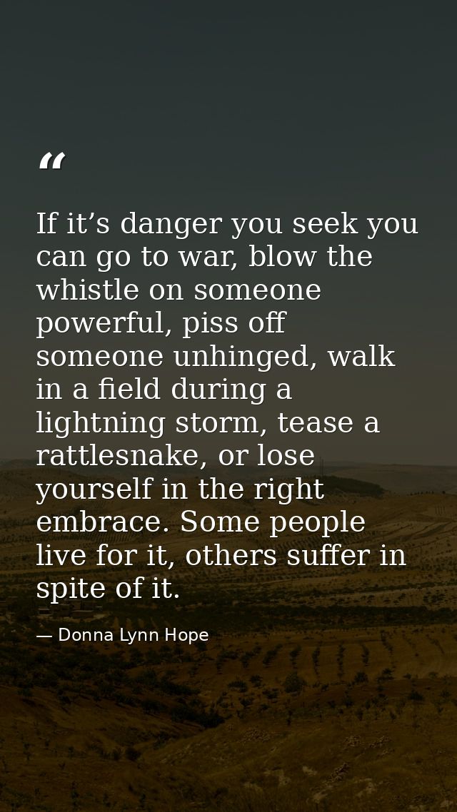 If it’s danger you seek you can go to war, blow the whistle on someone powerful, piss off someone unhinged, walk in a fi — Donna Lynn Hope