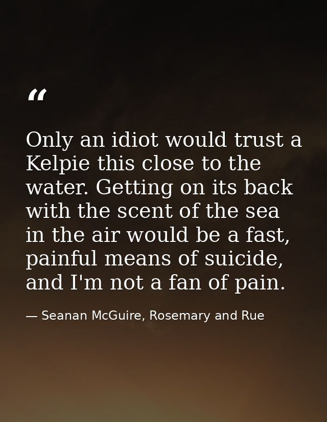 Only an idiot would trust a Kelpie this close to the water. Getting on its back with the scent of the sea in the air wou — Seanan McGuire, Rosemary and Rue