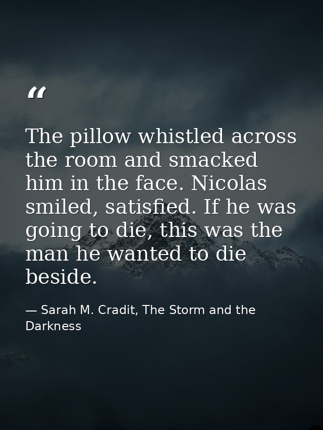 The pillow whistled across the room and smacked him in the face. Nicolas smiled, satisfied. If he was going to die, this — Sarah M. Cradit, The Storm and the Darkness