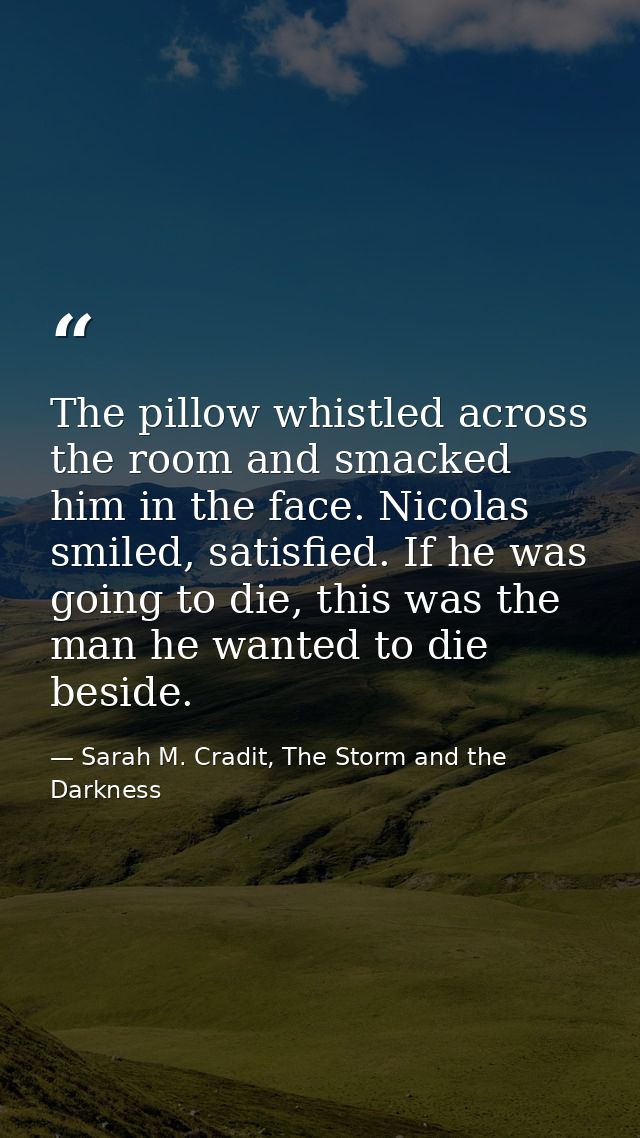 The pillow whistled across the room and smacked him in the face. Nicolas smiled, satisfied. If he was going to die, this — Sarah M. Cradit, The Storm and the Darkness