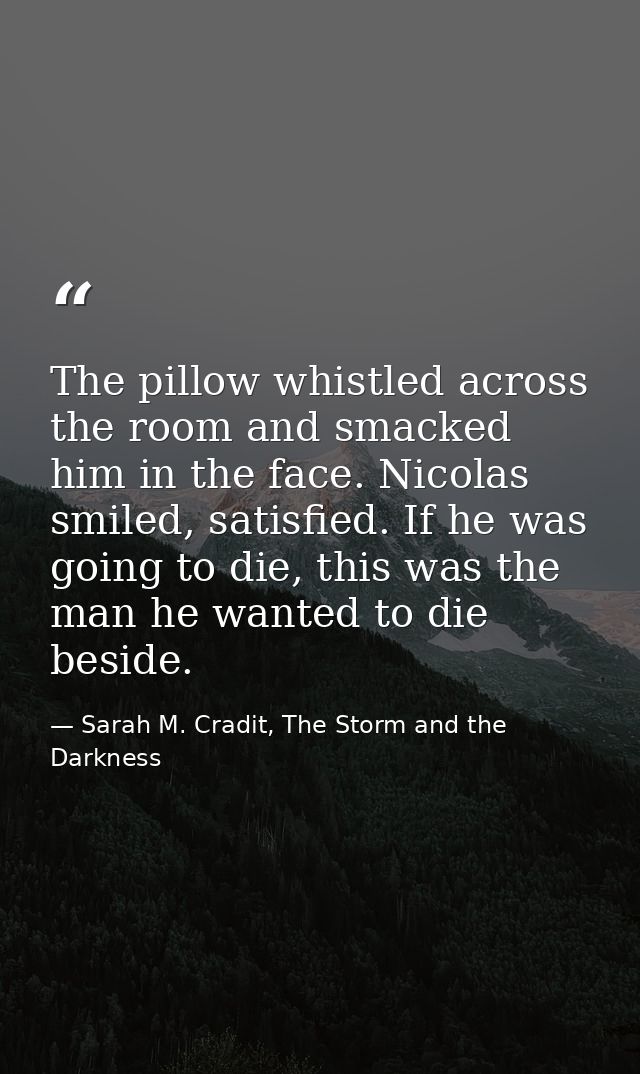 The pillow whistled across the room and smacked him in the face. Nicolas smiled, satisfied. If he was going to die, this — Sarah M. Cradit, The Storm and the Darkness