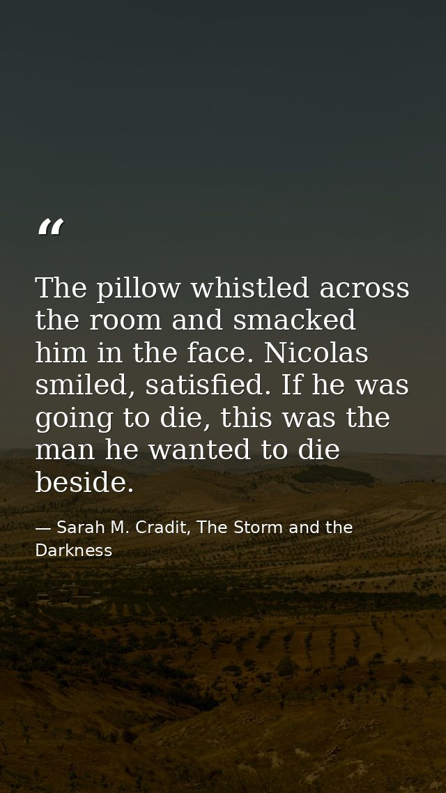 The pillow whistled across the room and smacked him in the face. Nicolas smiled, satisfied. If he was going to die, this — Sarah M. Cradit, The Storm and the Darkness