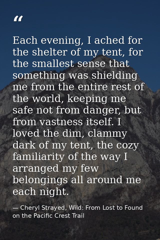 Each evening, I ached for the shelter of my tent, for the smallest sense that something was shielding me from the entire — Cheryl Strayed, Wild: From Lost to Found on the Pacific Crest Trail