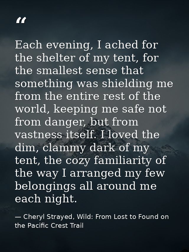 Each evening, I ached for the shelter of my tent, for the smallest sense that something was shielding me from the entire — Cheryl Strayed, Wild: From Lost to Found on the Pacific Crest Trail