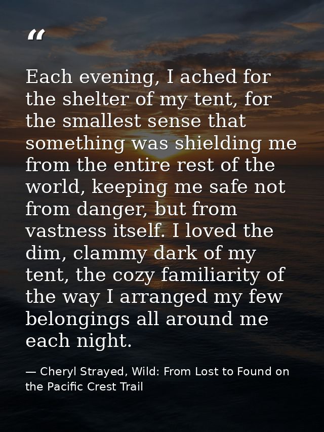 Each evening, I ached for the shelter of my tent, for the smallest sense that something was shielding me from the entire — Cheryl Strayed, Wild: From Lost to Found on the Pacific Crest Trail