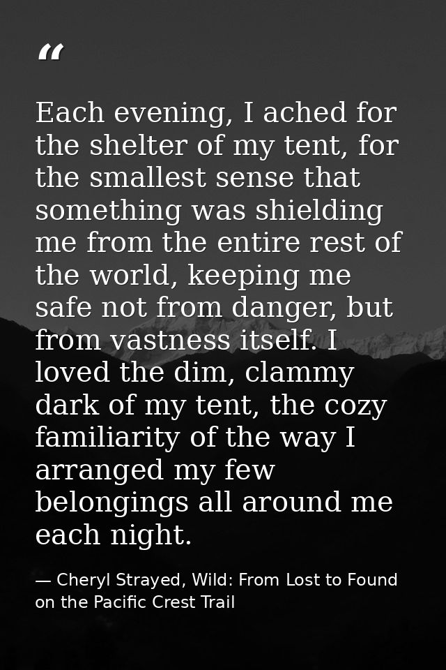 Each evening, I ached for the shelter of my tent, for the smallest sense that something was shielding me from the entire — Cheryl Strayed, Wild: From Lost to Found on the Pacific Crest Trail