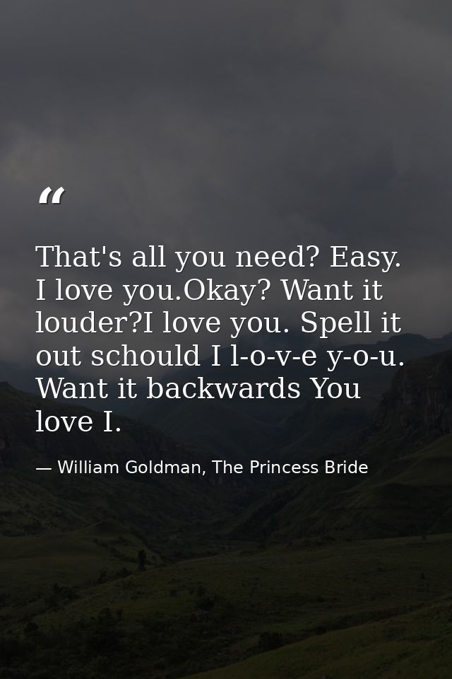 That's all you need? Easy. I love you.Okay? Want it louder?I love you. Spell it out schould I l-o-v-e y-o-u. Want it bac — William Goldman, The Princess Bride