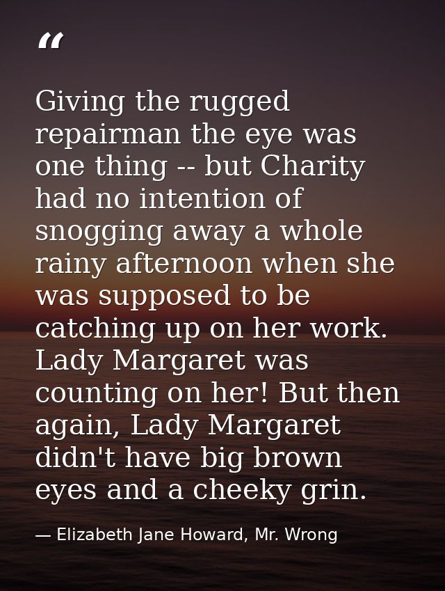 Giving the rugged repairman the eye was one thing -- but Charity had no intention of snogging away a whole rainy afterno — Elizabeth Jane Howard, Mr. Wrong