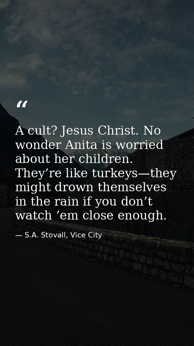 A cult? Jesus Christ. No wonder Anita is worried about her children. They’re like turkeys—they might drown themselves in — S.A. Stovall, Vice City