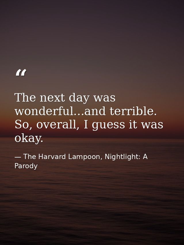 The next day was wonderful...and terrible. So, overall, I guess it was okay. — The Harvard Lampoon, Nightlight: A Parody