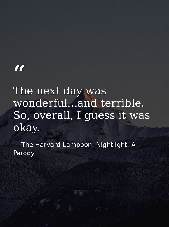 The next day was wonderful...and terrible. So, overall, I guess it was okay. — The Harvard Lampoon, Nightlight: A Parody