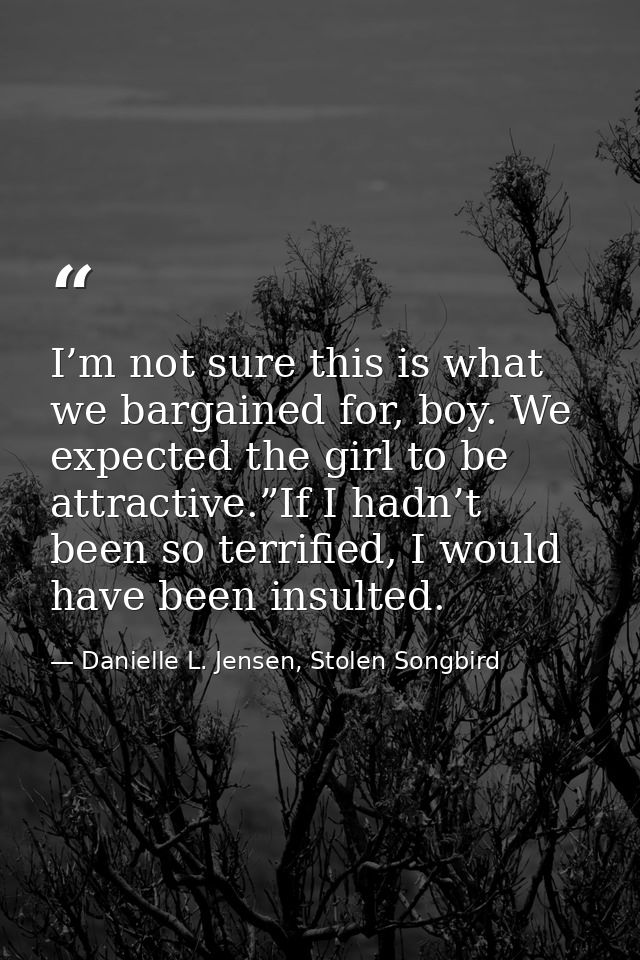 I’m not sure this is what we bargained for, boy. We expected the girl to be attractive.”If I hadn’t been so terrified, I — Danielle L. Jensen, Stolen Songbird