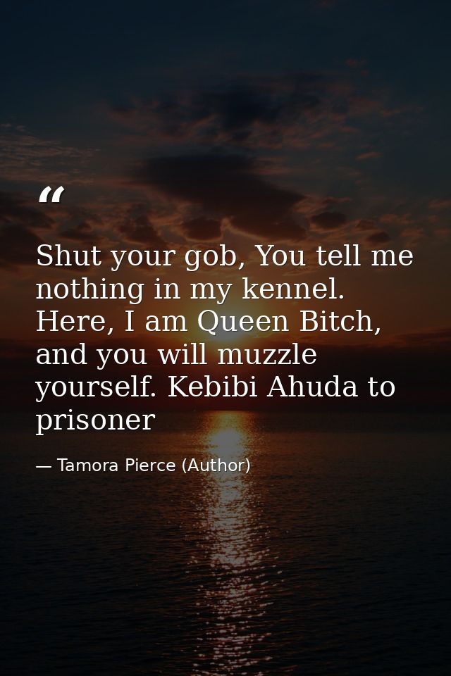 Shut your gob, You tell me nothing in my kennel. Here, I am Queen Bitch, and you will muzzle yourself. Kebibi Ahuda to p — Tamora Pierce (Author)