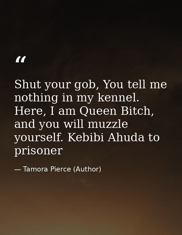 Shut your gob, You tell me nothing in my kennel. Here, I am Queen Bitch, and you will muzzle yourself. Kebibi Ahuda to p — Tamora Pierce (Author)