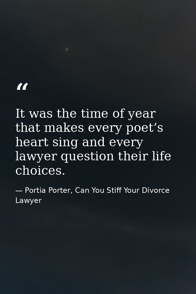 It was the time of year that makes every poet’s heart sing and every lawyer question their life choices. — Portia Porter, Can You Stiff Your Divorce Lawyer
