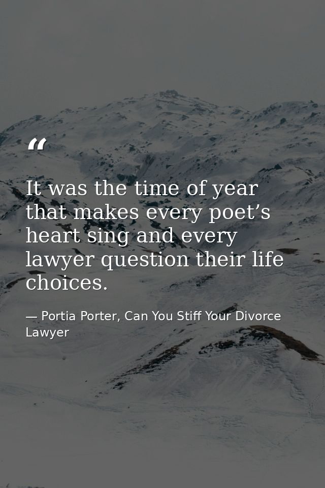 It was the time of year that makes every poet’s heart sing and every lawyer question their life choices. — Portia Porter, Can You Stiff Your Divorce Lawyer