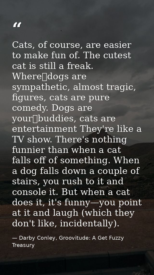 Cats, of course, are easier to make fun of. The cutest cat is still a freak. Where dogs are sympathetic, almost tragic,  — Darby Conley, Groovitude: A Get Fuzzy Treasury