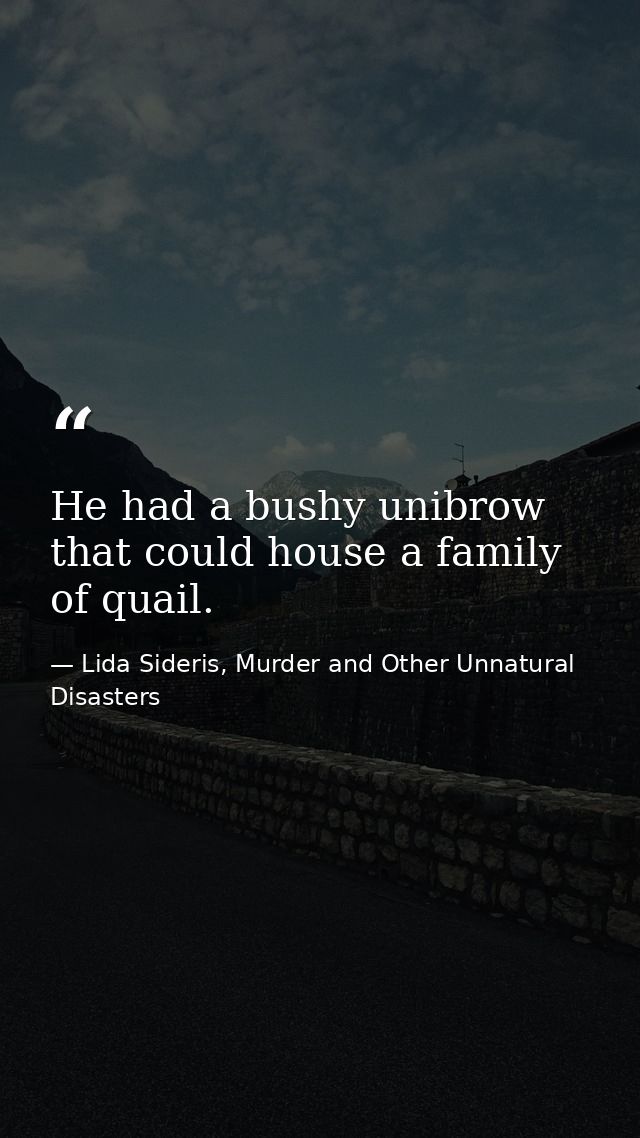 He had a bushy unibrow that could house a family of quail. — Lida Sideris, Murder and Other Unnatural Disasters