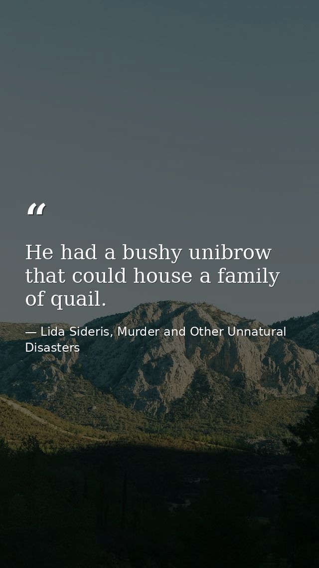 He had a bushy unibrow that could house a family of quail. — Lida Sideris, Murder and Other Unnatural Disasters