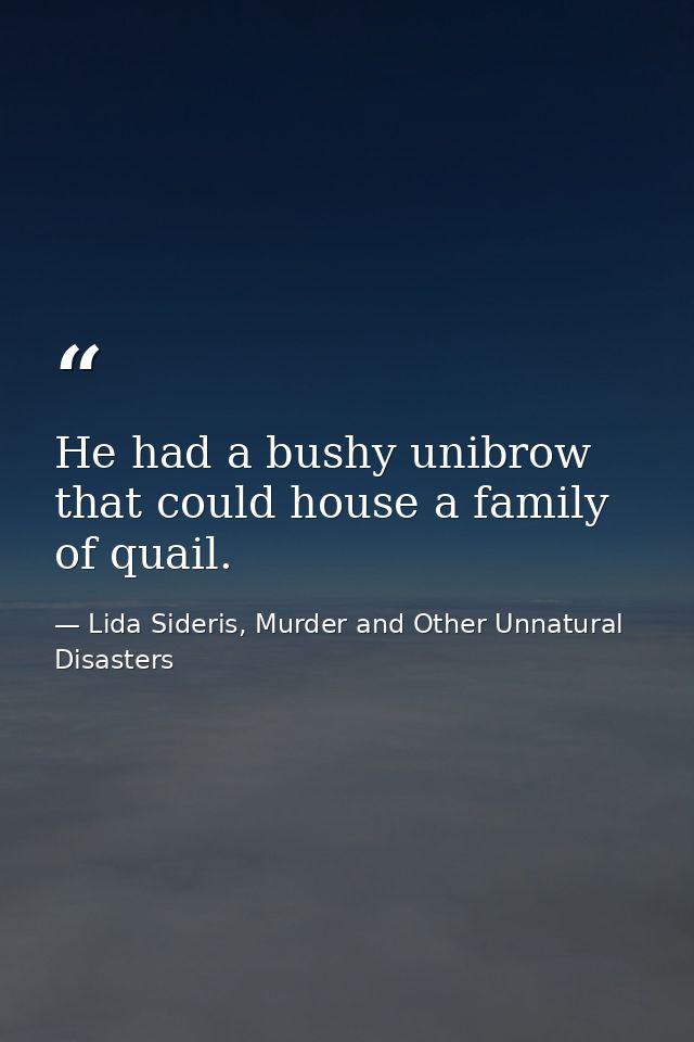 He had a bushy unibrow that could house a family of quail. — Lida Sideris, Murder and Other Unnatural Disasters