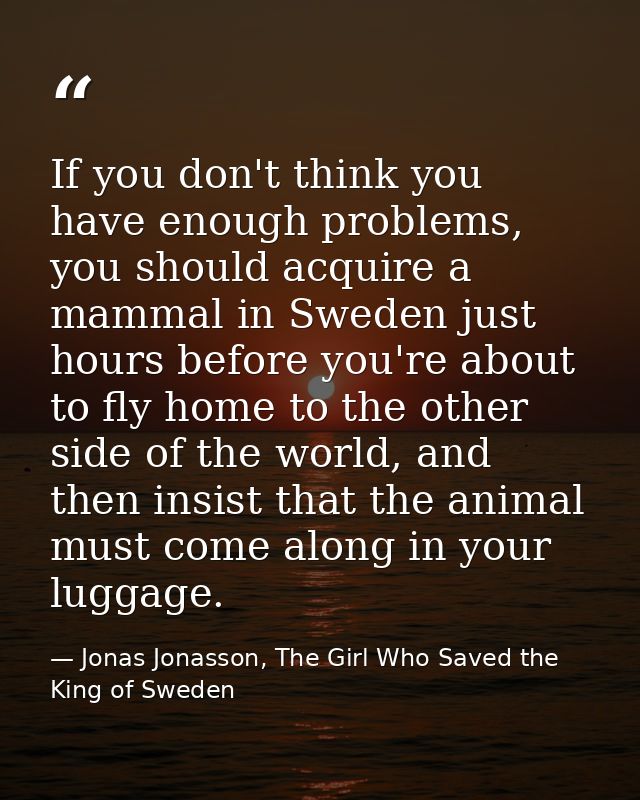 If you don't think you have enough problems, you should acquire a mammal in Sweden just hours before you're about to fly — Jonas Jonasson, The Girl Who Saved the King of Sweden