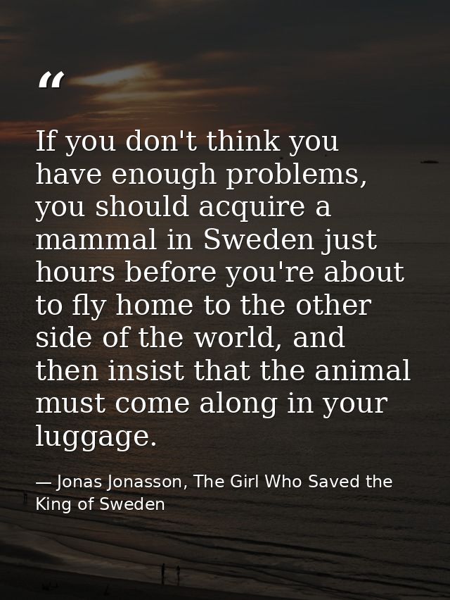 If you don't think you have enough problems, you should acquire a mammal in Sweden just hours before you're about to fly — Jonas Jonasson, The Girl Who Saved the King of Sweden