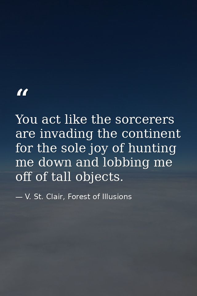 You act like the sorcerers are invading the continent for the sole joy of hunting me down and lobbing me off of tall obj — V. St. Clair, Forest of Illusions