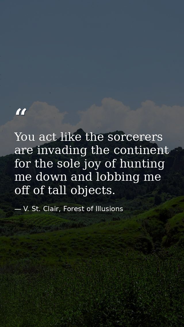You act like the sorcerers are invading the continent for the sole joy of hunting me down and lobbing me off of tall obj — V. St. Clair, Forest of Illusions