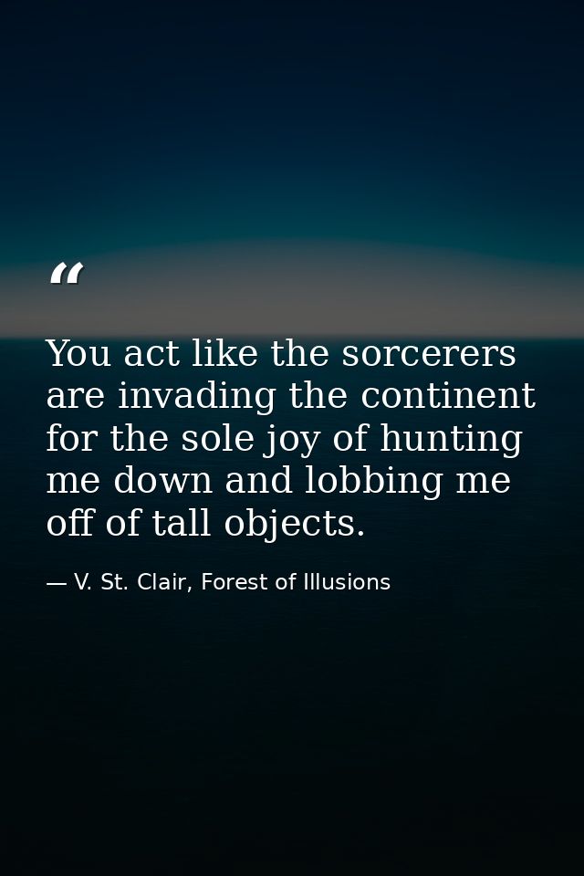 You act like the sorcerers are invading the continent for the sole joy of hunting me down and lobbing me off of tall obj — V. St. Clair, Forest of Illusions