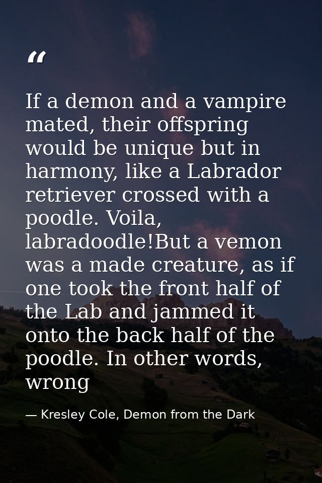 If a demon and a vampire mated, their offspring would be unique but in harmony, like a Labrador retriever crossed with a — Kresley Cole, Demon from the Dark