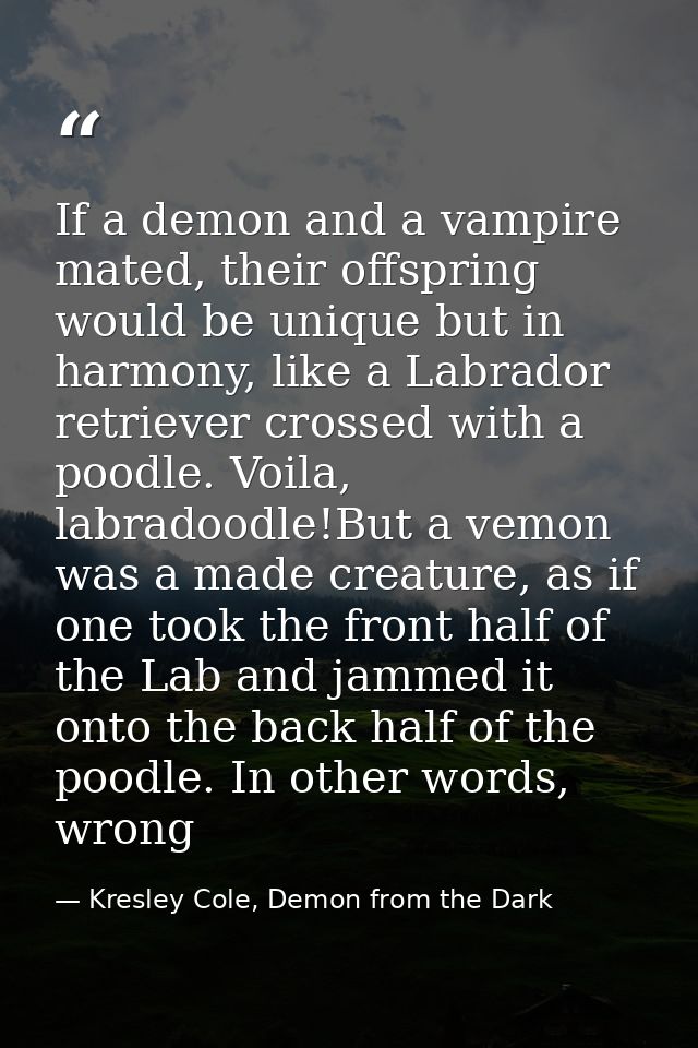 If a demon and a vampire mated, their offspring would be unique but in harmony, like a Labrador retriever crossed with a — Kresley Cole, Demon from the Dark