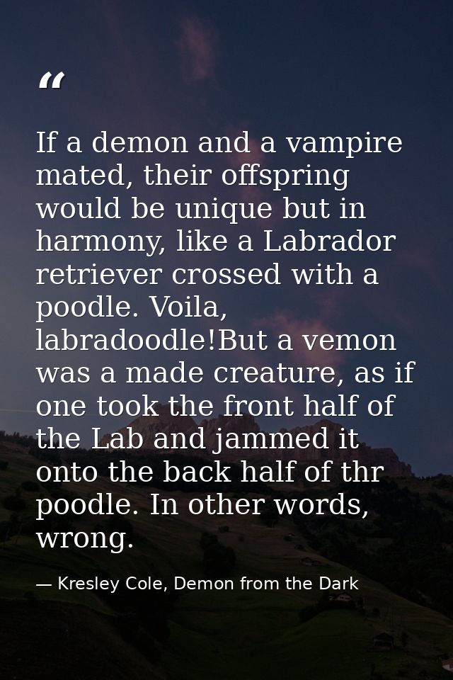 If a demon and a vampire mated, their offspring would be unique but in harmony, like a Labrador retriever crossed with a — Kresley Cole, Demon from the Dark