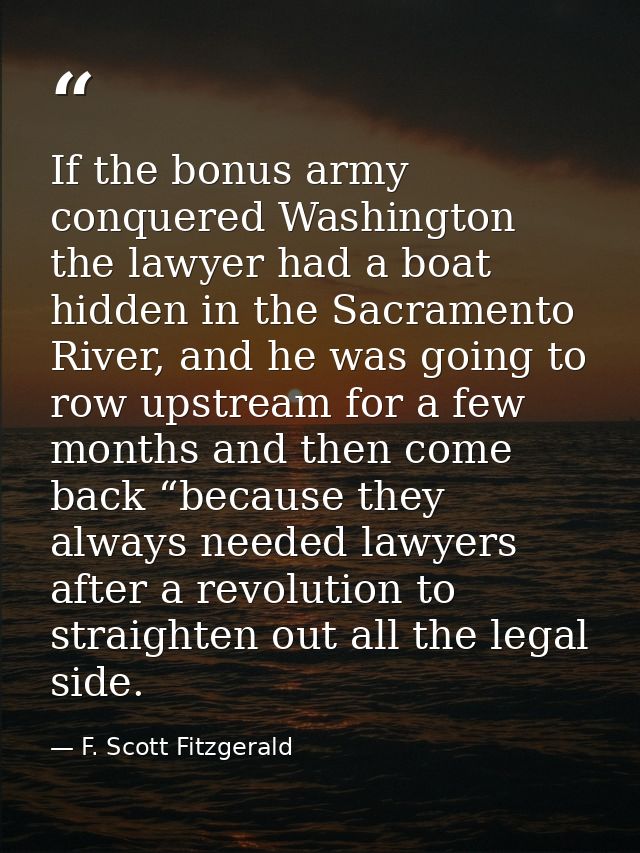 If the bonus army conquered Washington the lawyer had a boat hidden in the Sacramento River, and he was going to row ups — F. Scott Fitzgerald