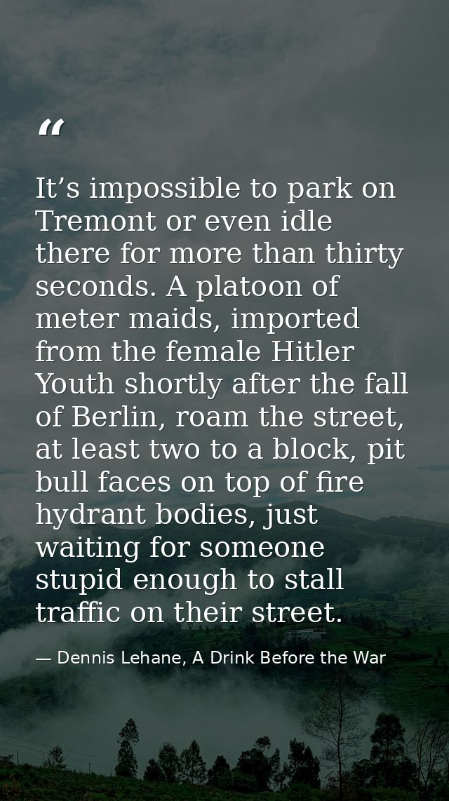 It’s impossible to park on Tremont or even idle there for more than thirty seconds. A platoon of meter maids, imported f — Dennis Lehane, A Drink Before the War