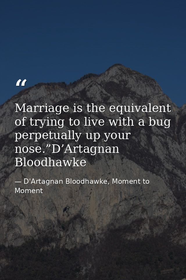 Marriage is the equivalent of trying to live with a bug perpetually up your nose.”D’Artagnan Bloodhawke — D'Artagnan Bloodhawke, Moment to Moment