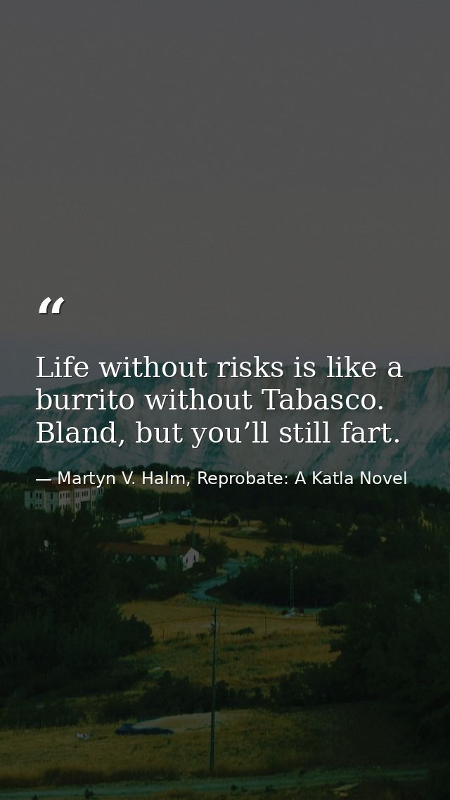 Life without risks is like a burrito without Tabasco. Bland, but you’ll still fart. — Martyn V. Halm, Reprobate: A Katla Novel