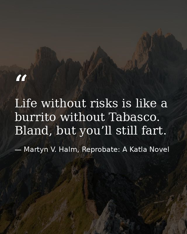 Life without risks is like a burrito without Tabasco. Bland, but you’ll still fart. — Martyn V. Halm, Reprobate: A Katla Novel