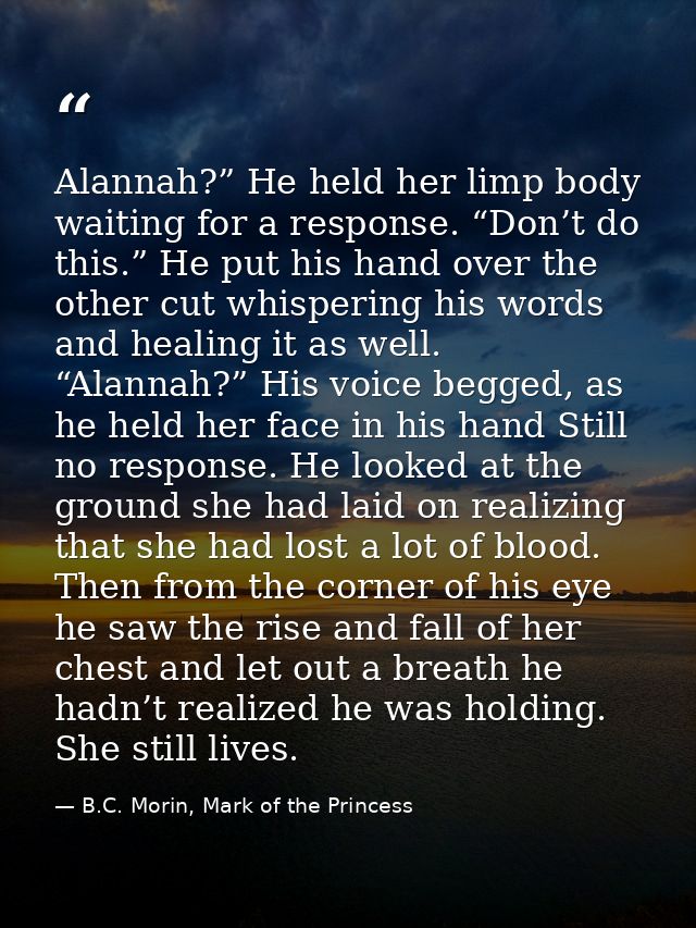 Alannah?” He held her limp body waiting for a response. “Don’t do this.” He put his hand over the other cut whispering h — B.C. Morin, Mark of the Princess