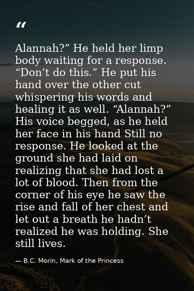 Alannah?” He held her limp body waiting for a response. “Don’t do this.” He put his hand over the other cut whispering h — B.C. Morin, Mark of the Princess